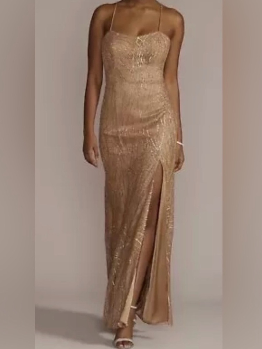 Galina Signature Elegant Gold Champagne Sequin Beaded Formal Gown Dress